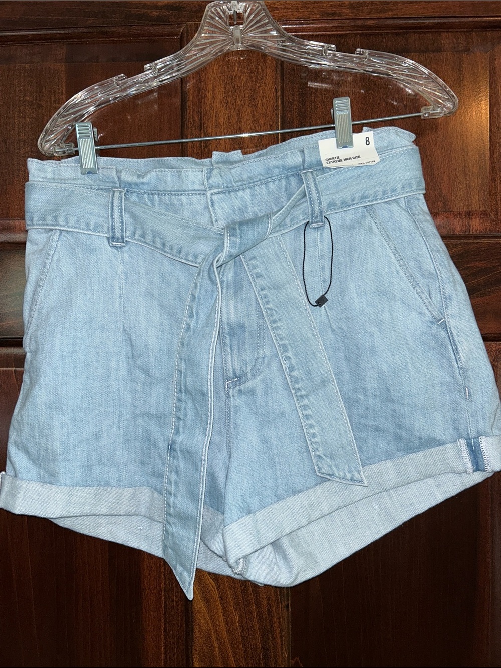 Express High-Rise Light Blue Denim Paperbag Shorts with Tie Belt 8